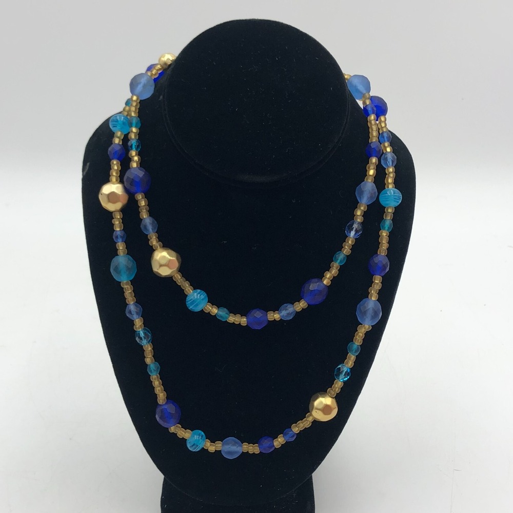 Vintage Graziano Shades of Blue Gold Tone Beaded Long Statement Glass Necklace
